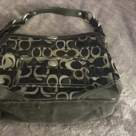 Coach Small Signature Black Suede Camo Bag - Picture 3 of 5